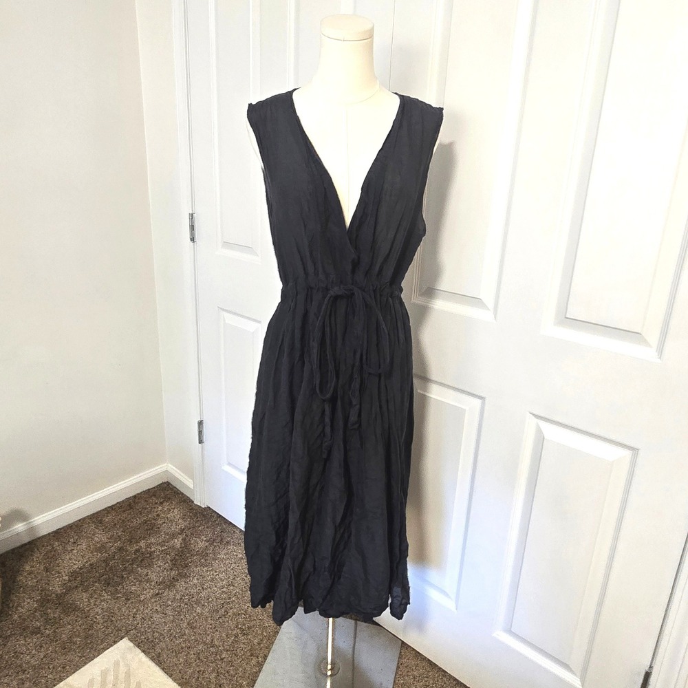 CP Shades Dress Womens L Black Cotton Silk Blend V-Neck Drawstring Midi 3340-788